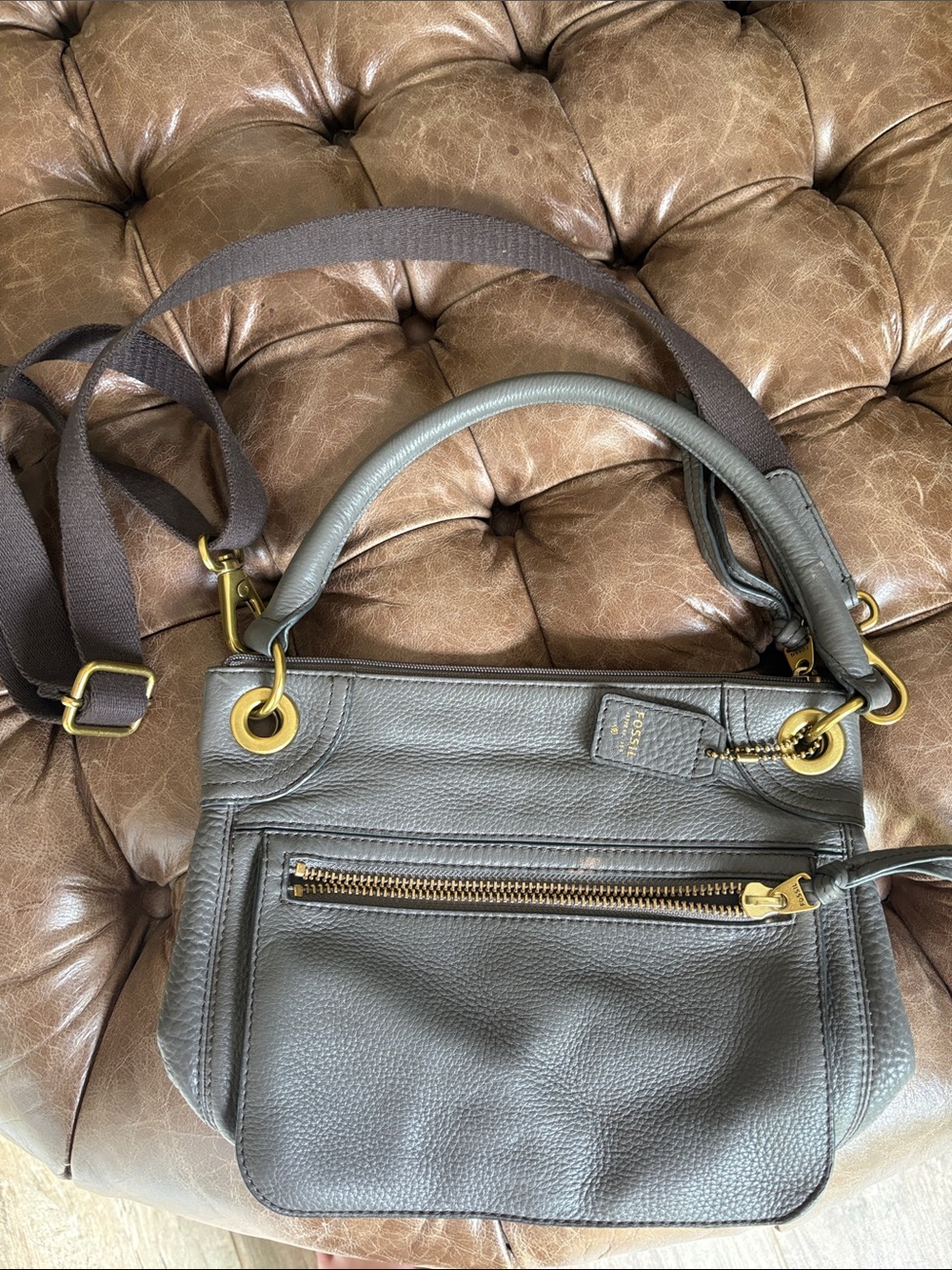 Fossil Gray Leather Crossbody Bag with Gold Hardware